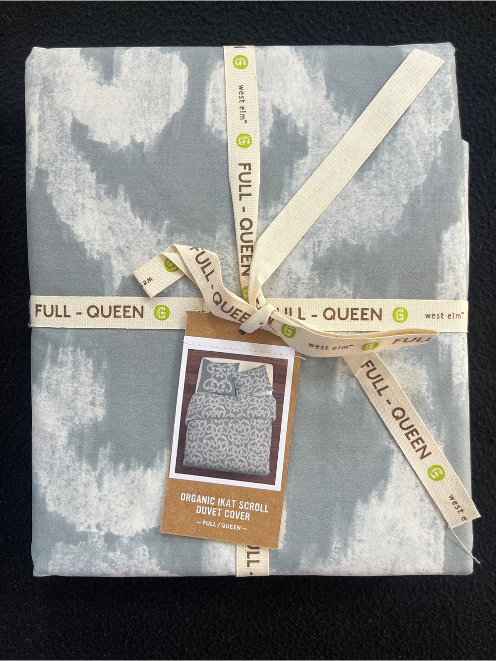 NEW West Elm Organic Ikat Scroll Duvet Cover Full Queen Gray White
